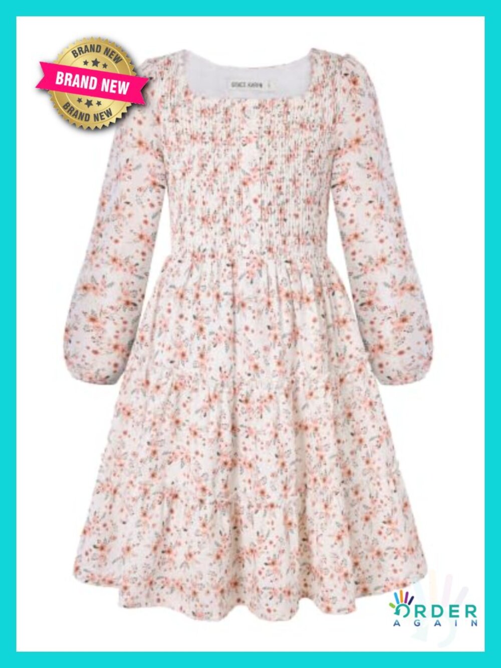 Girls Long Sleeve Floral Tiered Smocked Dress